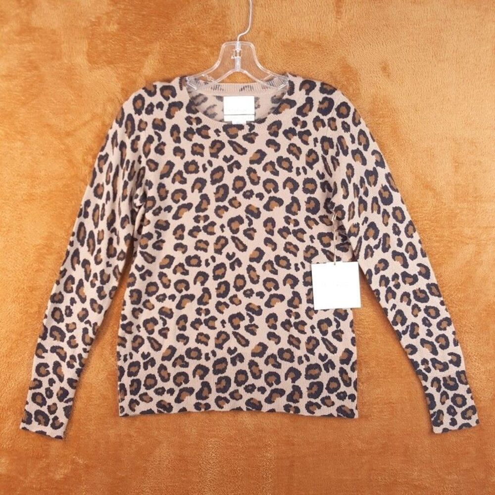 CYNTHIA ROWLEY Sweater Womens Small Brown Tan Crew Cheetah Leopard 100% Cashmere
